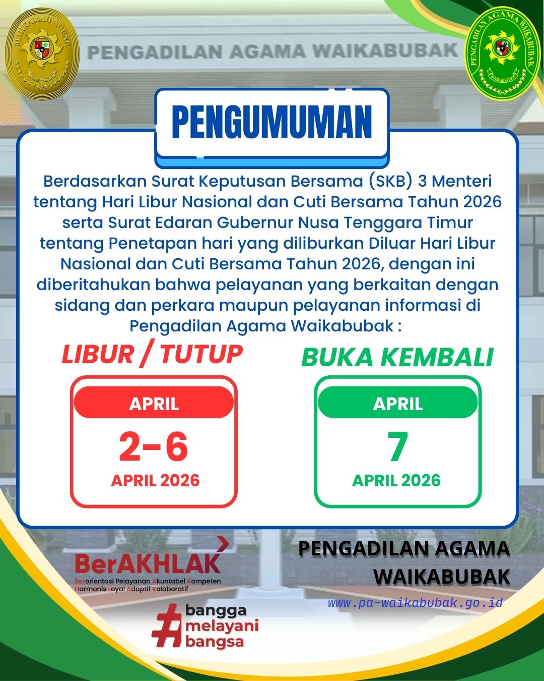 Pengumuman Hari Libur Nasional Berdasarkan Surat Keputusan Bersama (SKB) 3 Menteri