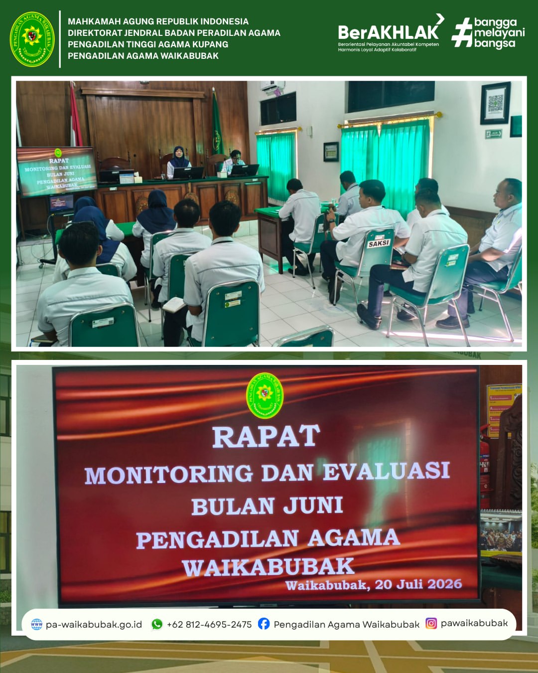 Pengadilan Agama Waikabubak melaksanakan Rapat Monitoring dan Evaluasi (Monev) Rutin Bulan Juni Tahun 2026